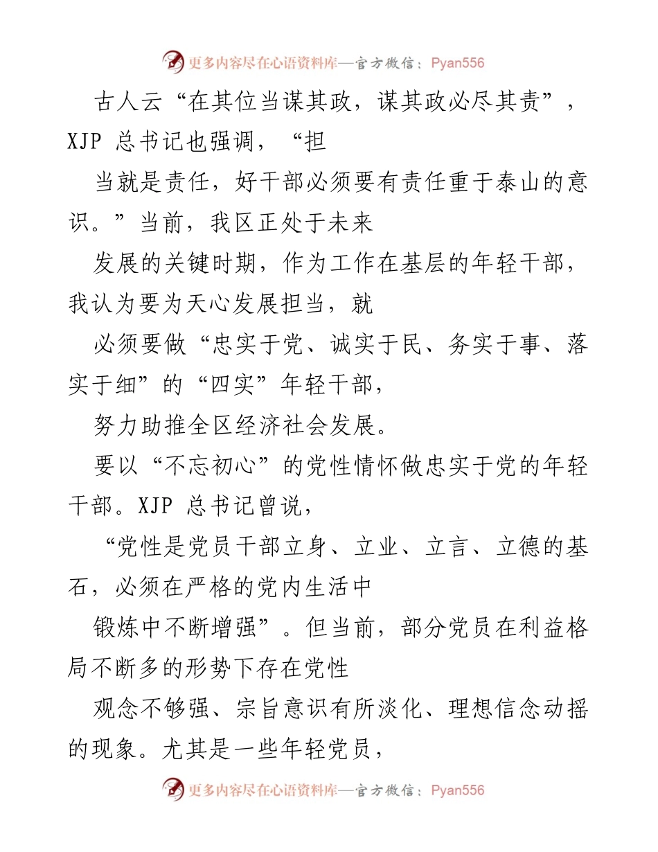 [发言] 年轻干部培训会议 - “四实”年轻干部：忠诚于党、诚实于民、务实于事、落实于细.docx_第1页