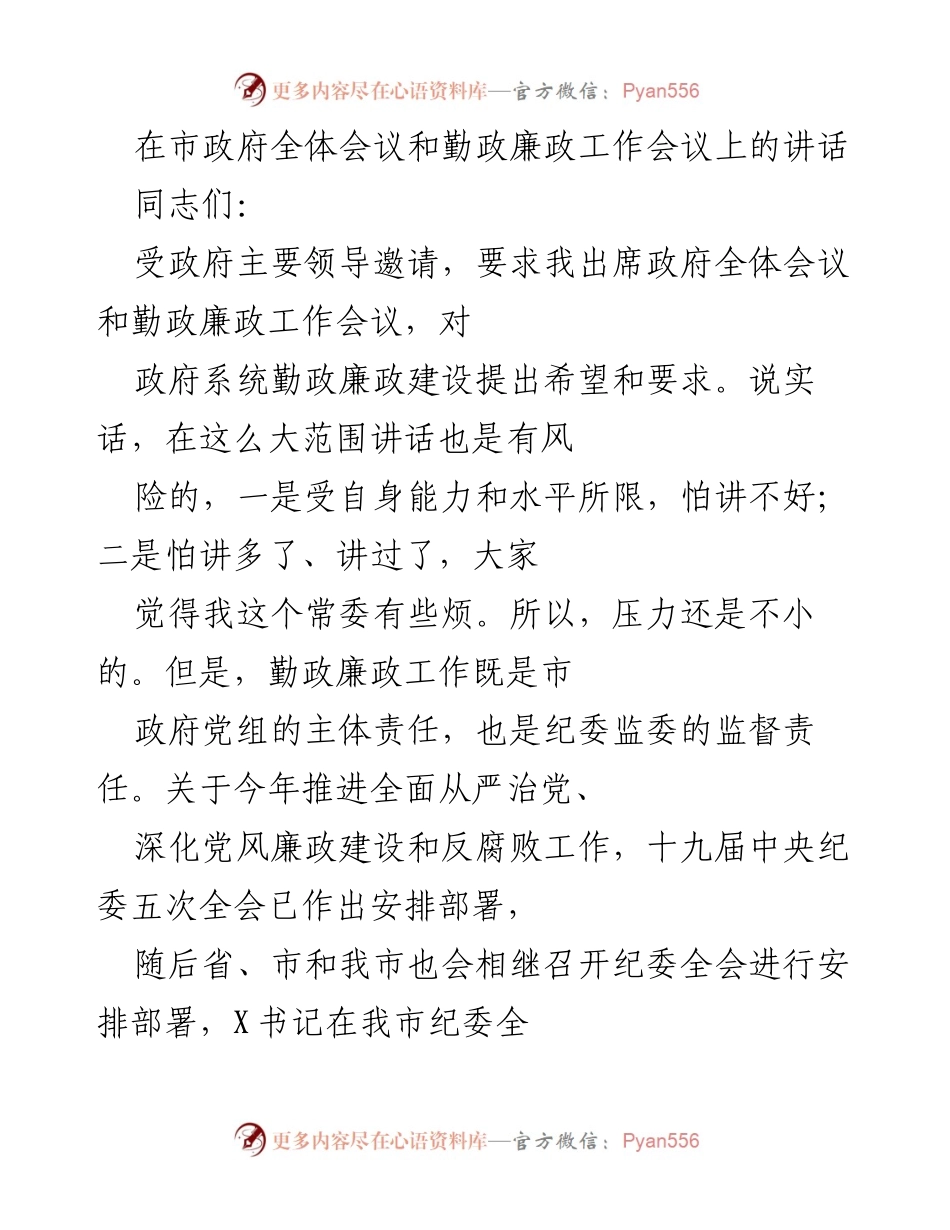 [发言] 市政府全体会议 - 加强政府系统勤政廉政建设的责任与措施.docx_第1页