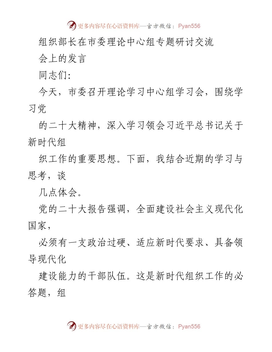 [发言] 市委理论中心组专题研讨交流会 - 深入学习党的二十大精神，推动新时代组织工作创新.docx_第1页