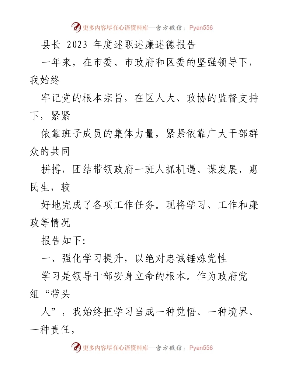 [发言] 年度述职 - 2023年度县长述职述廉述德报告_1.docx_第1页