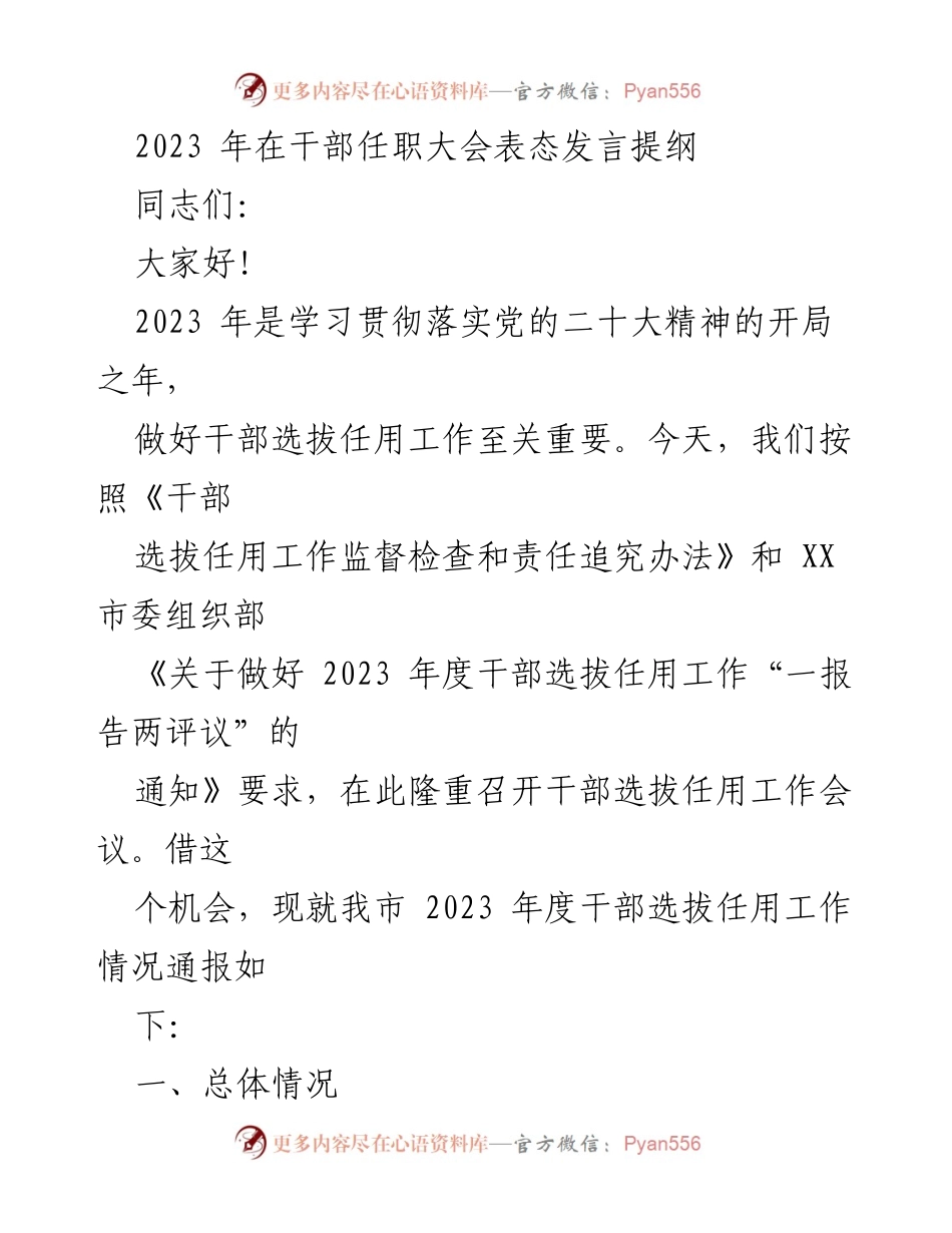 [发言] 干部任职大会 - 2023年度干部选拔任用工作会议发言提纲.docx_第1页