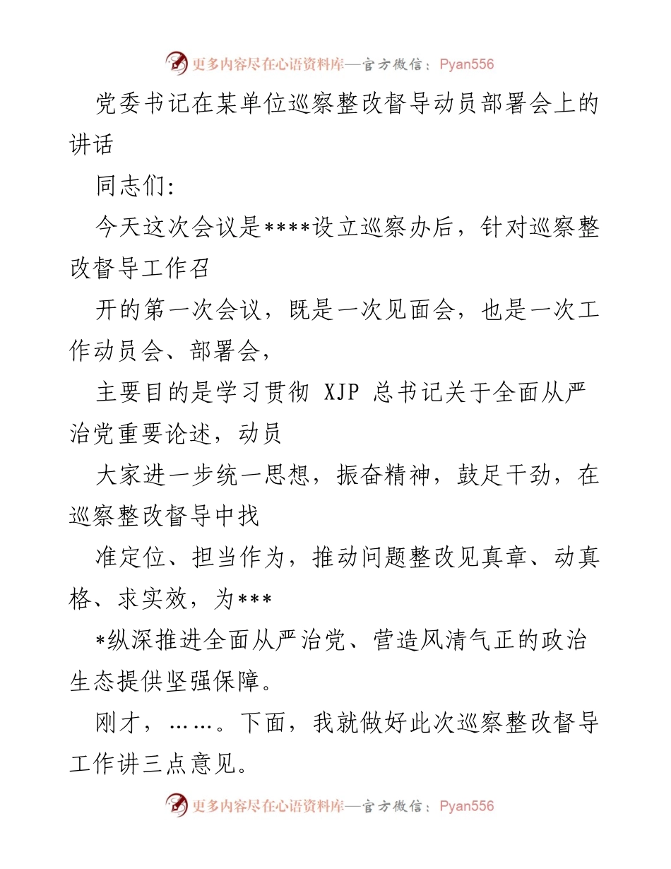 [发言] 巡察整改督导动员部署会 - 强化责任担当，推动巡察整改落地见效.docx_第1页
