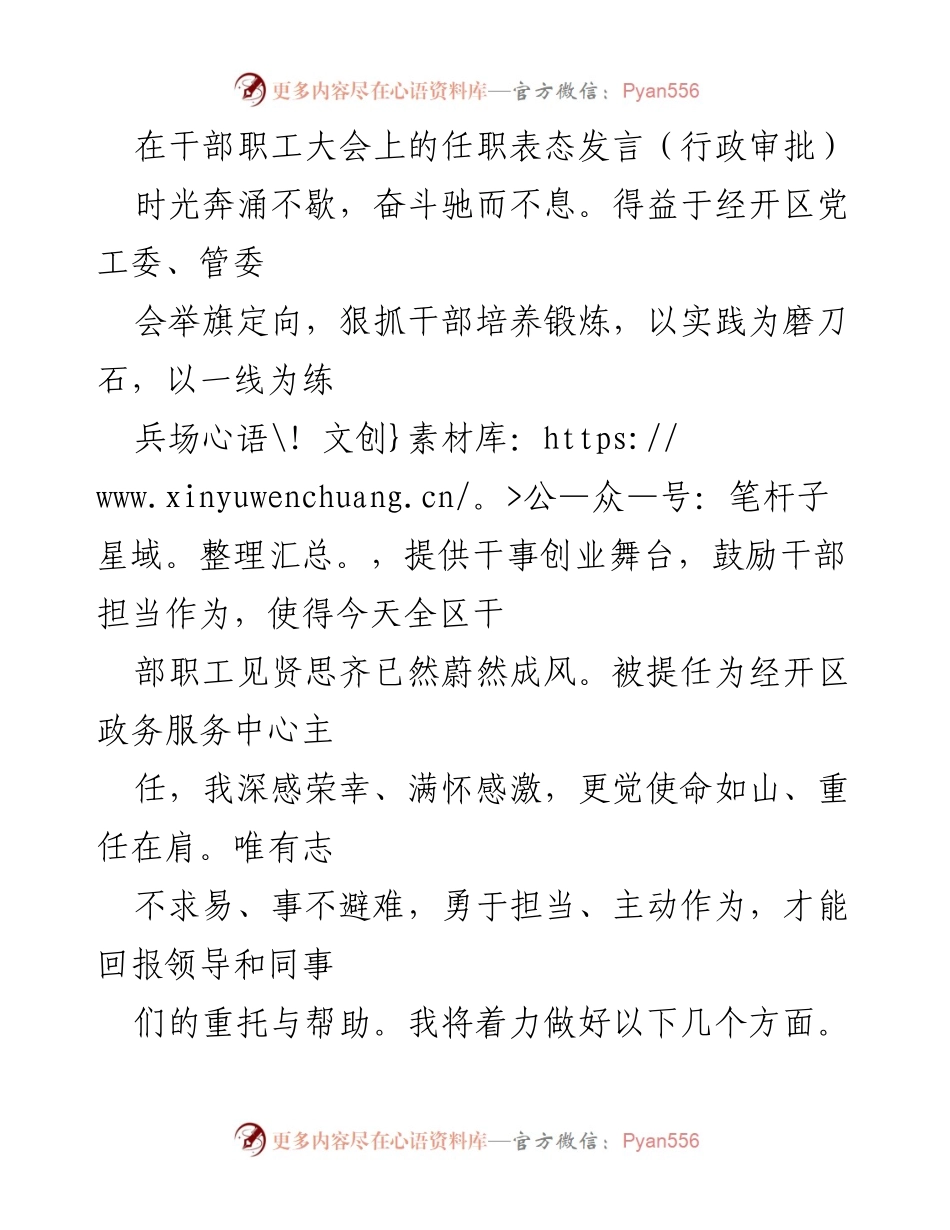 [发言] 干部职工大会 - 任职表态发言：勇担使命，推动行政审批服务提升.docx_第1页