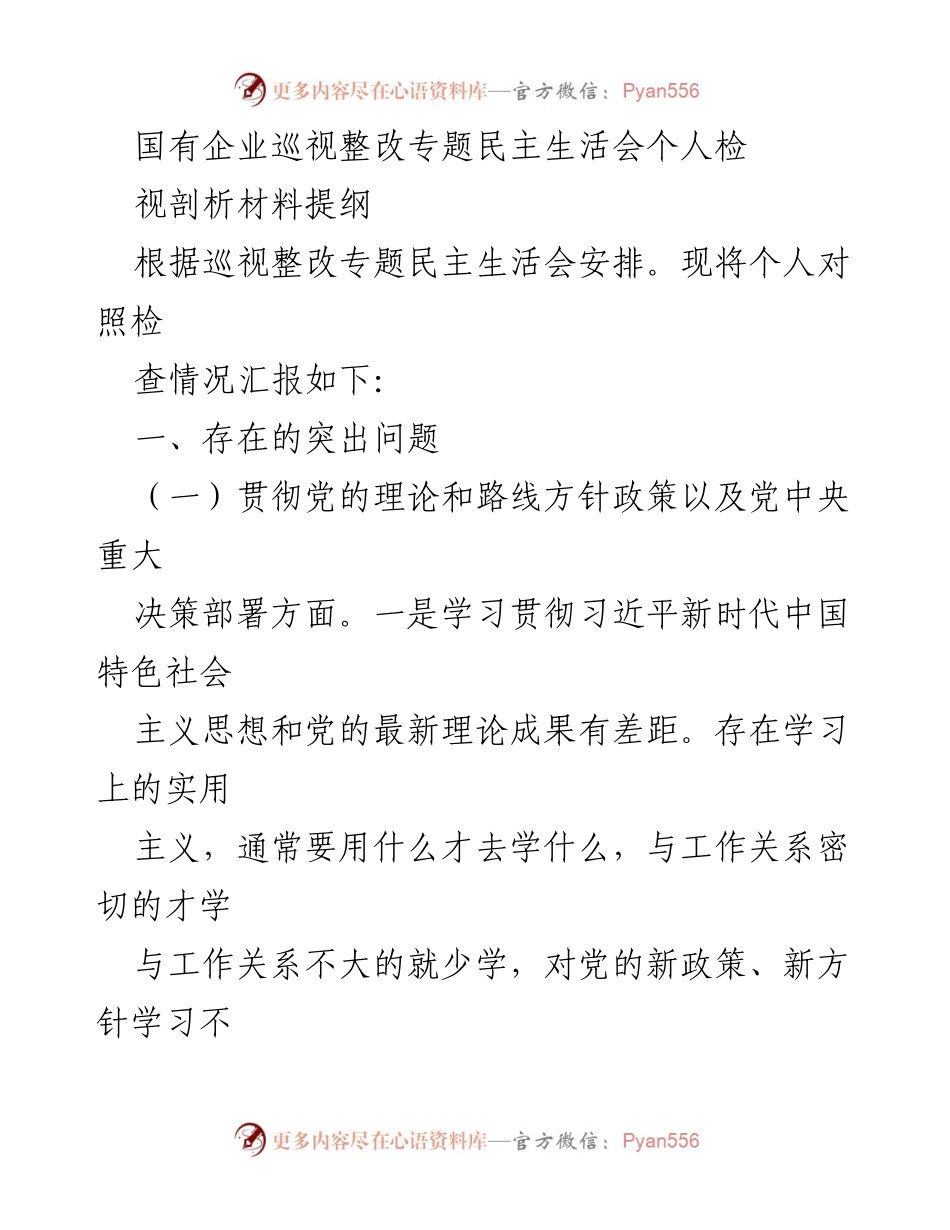 [发言] 巡视整改专题民主生活会 - 个人检视剖析材料提纲.docx_第1页