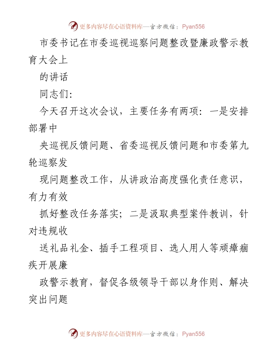 [发言] 市委巡视巡察问题整改暨廉政警示教育大会 - 坚决落实巡视整改责任，推动政治生态向好.docx_第1页