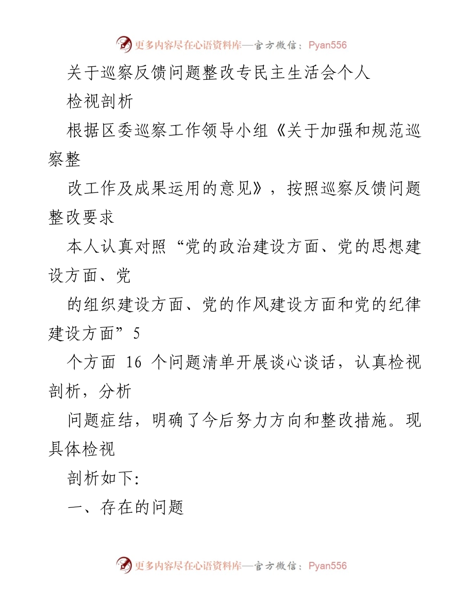 [发言] 巡察整改民主生活会 - 巡察反馈问题整改自我检视与剖析.docx_第1页