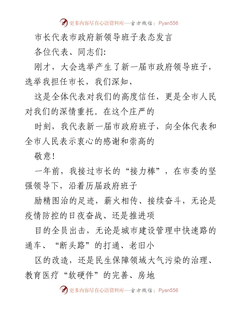 [发言] 市政府新领导班子就职大会 - 新市长发言：承诺高质量发展与政治坚定.docx_第1页