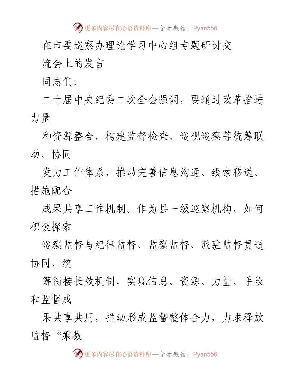 [发言] 市委巡察办理论学习中心组专题研讨交流会 - 加强巡纪协作，推动监督合力形成.docx_第1页