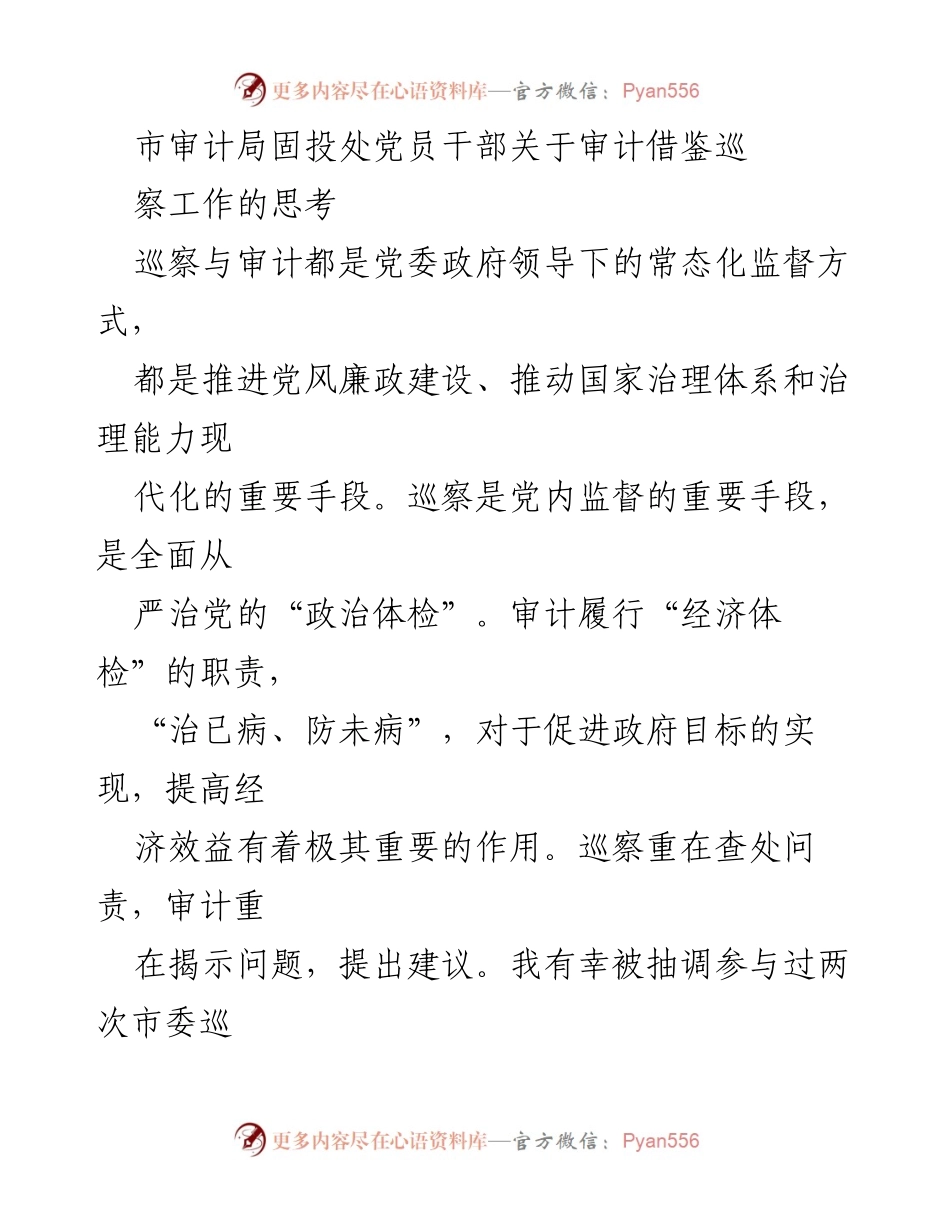 [发言] 市审计局党员干部会议 - 审计借鉴巡察工作经验的思考与建议.docx_第1页