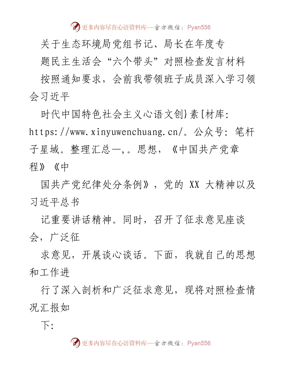 [发言] 年度专题民主生活会 - 生态环境局党组书记对照检查发言材料.docx_第1页