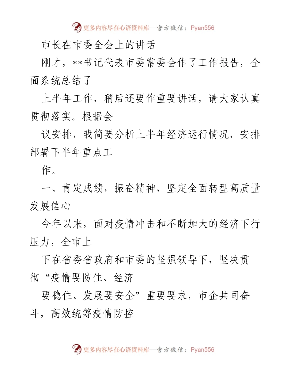 [发言] 市委全会 - 市长讲话：总结上半年经济运行与下半年发展部署.docx_第1页