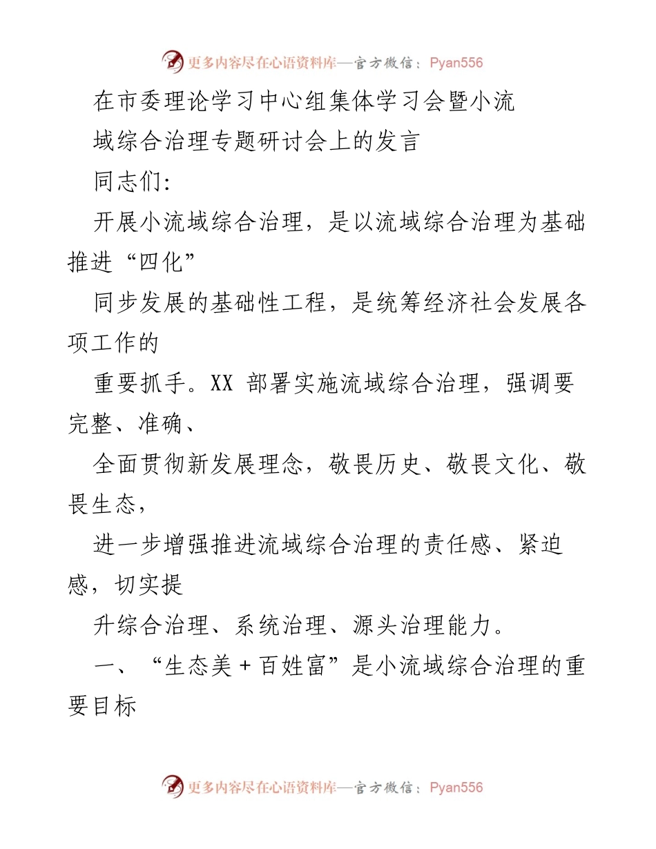 [发言] 市委理论学习中心组集体学习会暨小流域综合治理专题研讨会 - 小流域综合治理：生态美与百姓富的协同发展_1.docx_第1页