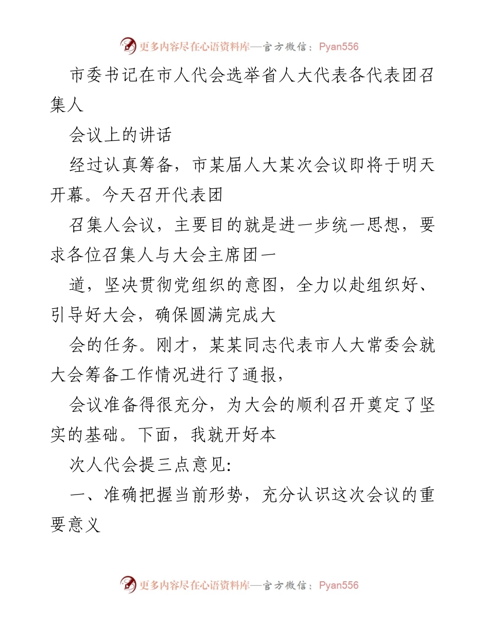 [发言] 市人代会 - 确保圆满召开市人代会的重要讲话.docx_第1页