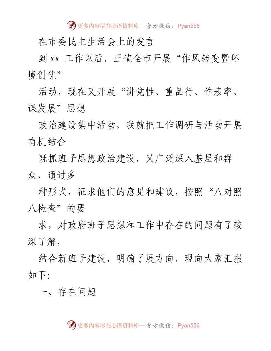 [发言] 市委民主生活会 - 政府工作调研与思想政治建设的反思与展望.docx_第1页