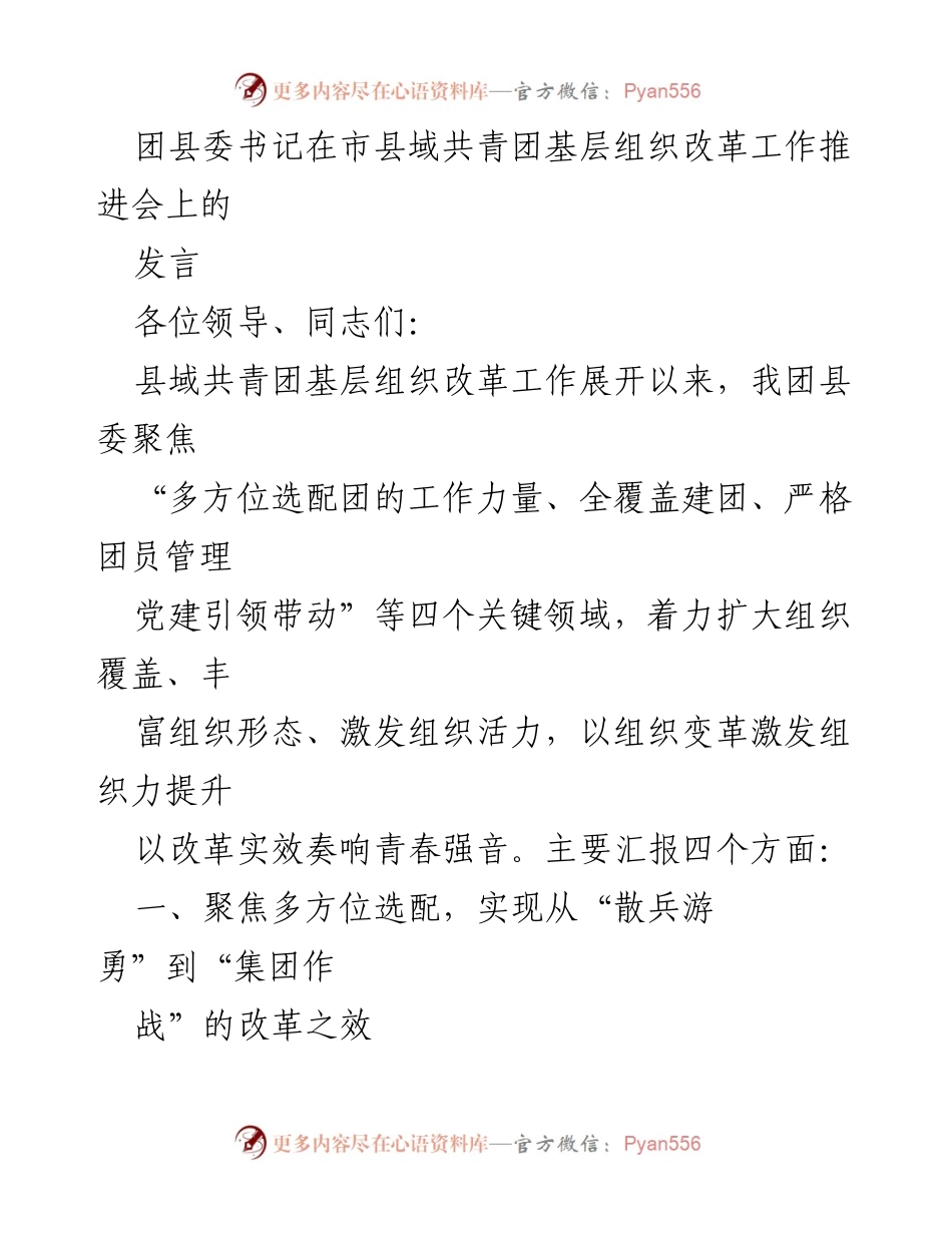 [发言] 市县域共青团基层组织改革工作推进会 - 团县委书记的改革实践与成效汇报.docx_第1页