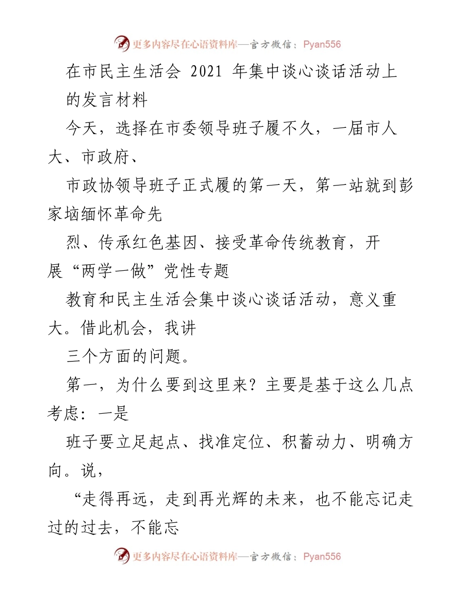 [发言] 市民主生活会 - 缅怀先烈，传承红色基因，强化班子团结与使命感.docx_第1页