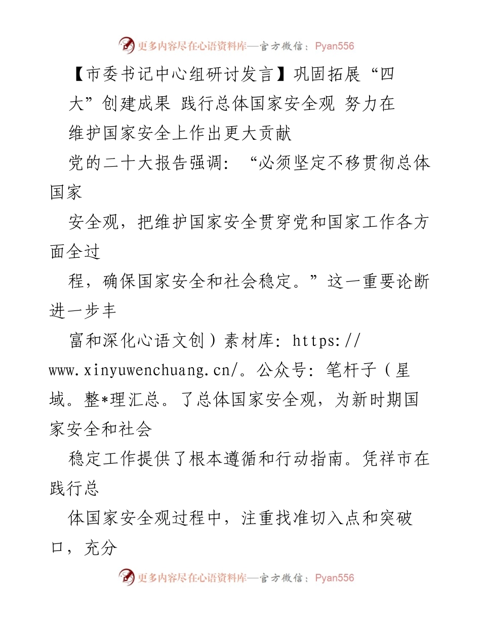 [发言] 市委书记中心组研讨 - 巩固“四大”创建成果，践行国家安全观，提升边境安全治理.docx_第1页