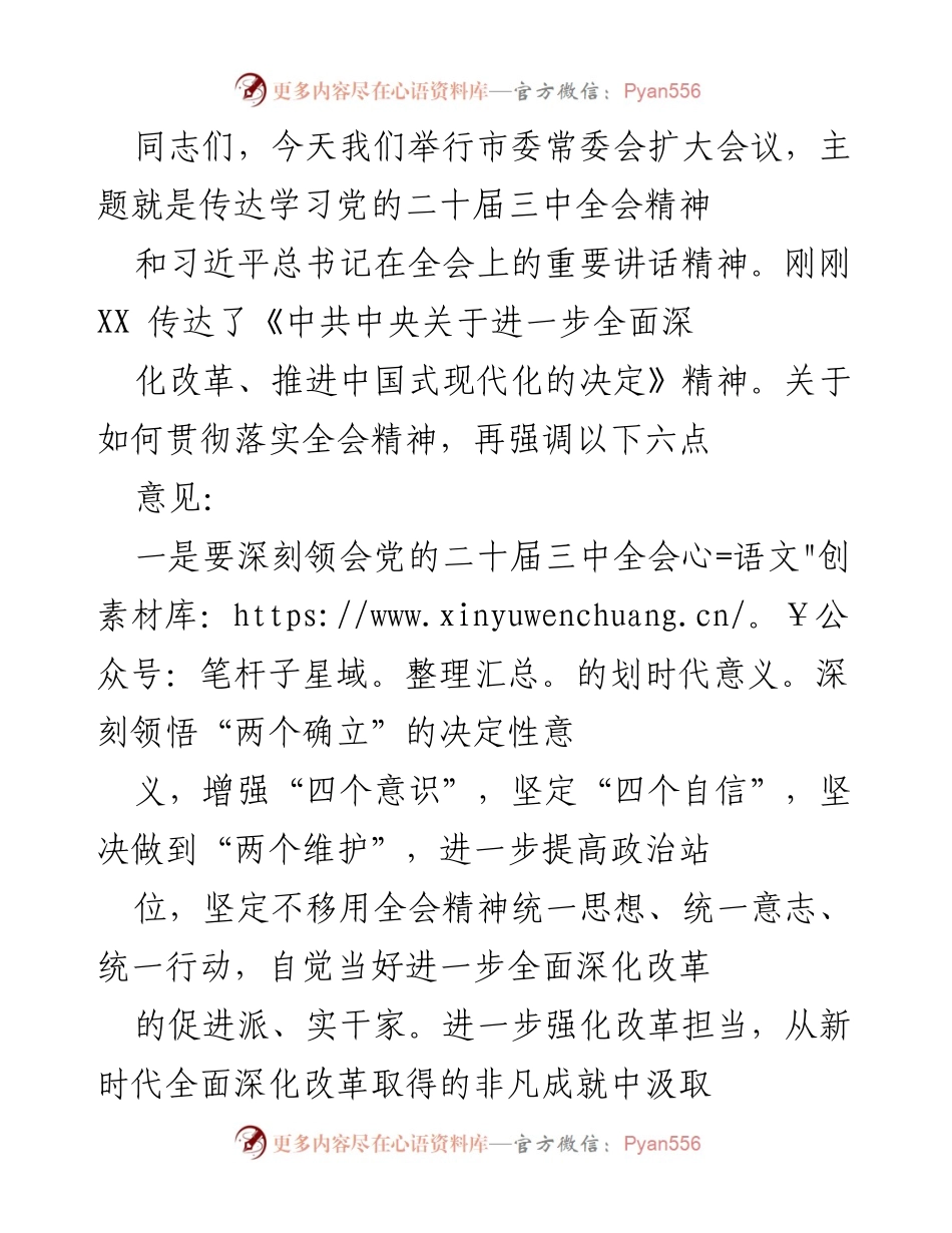 [发言] 市委常委会扩大会议 - 深入学习贯彻党的二十届三中全会精神.docx_第1页