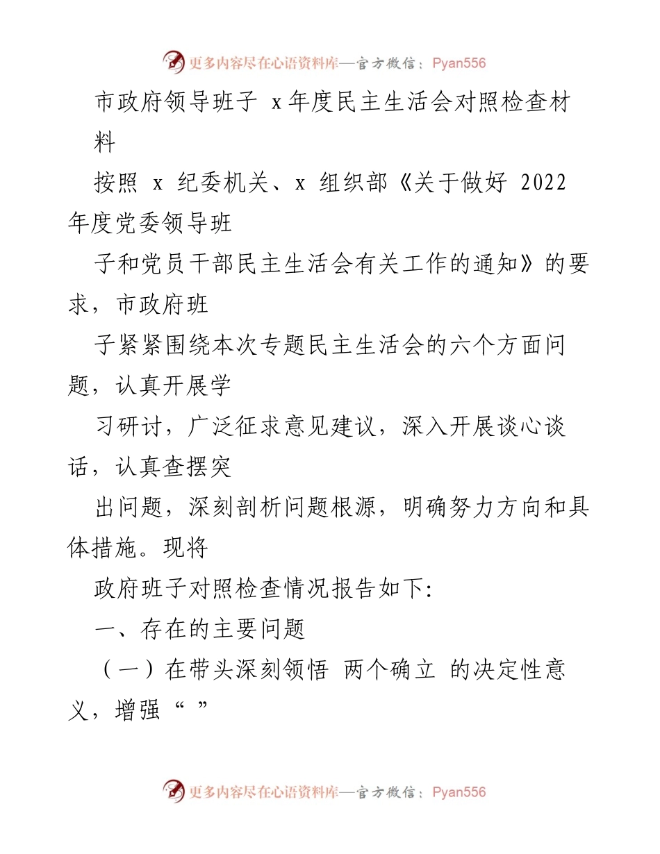 [发言] 市政府年度民主生活会 - 市政府领导班子年度民主生活会对照检查报告.docx_第1页