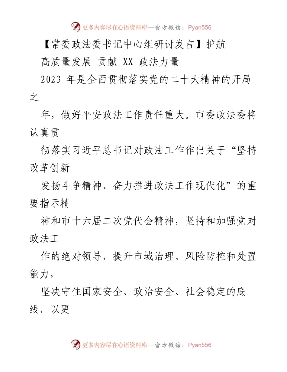 [发言] 常委政法委书记中心组研讨 - 护航高质量发展：贡献政法力量的思考与实践.docx_第1页