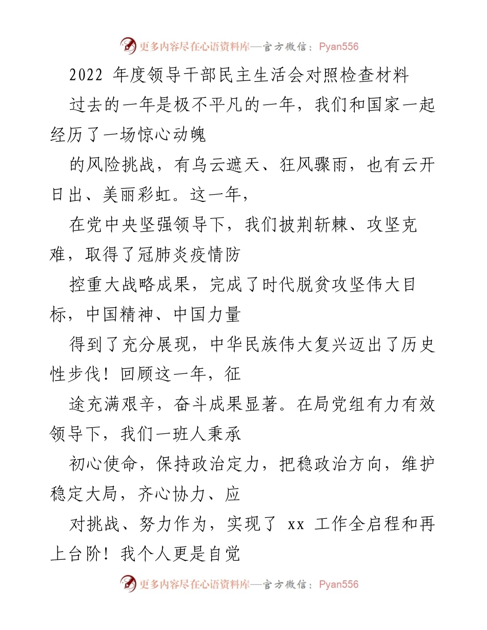[发言] 年度领导干部民主生活会 - 2022年度领导干部民主生活会对照检查发言材料.docx_第1页