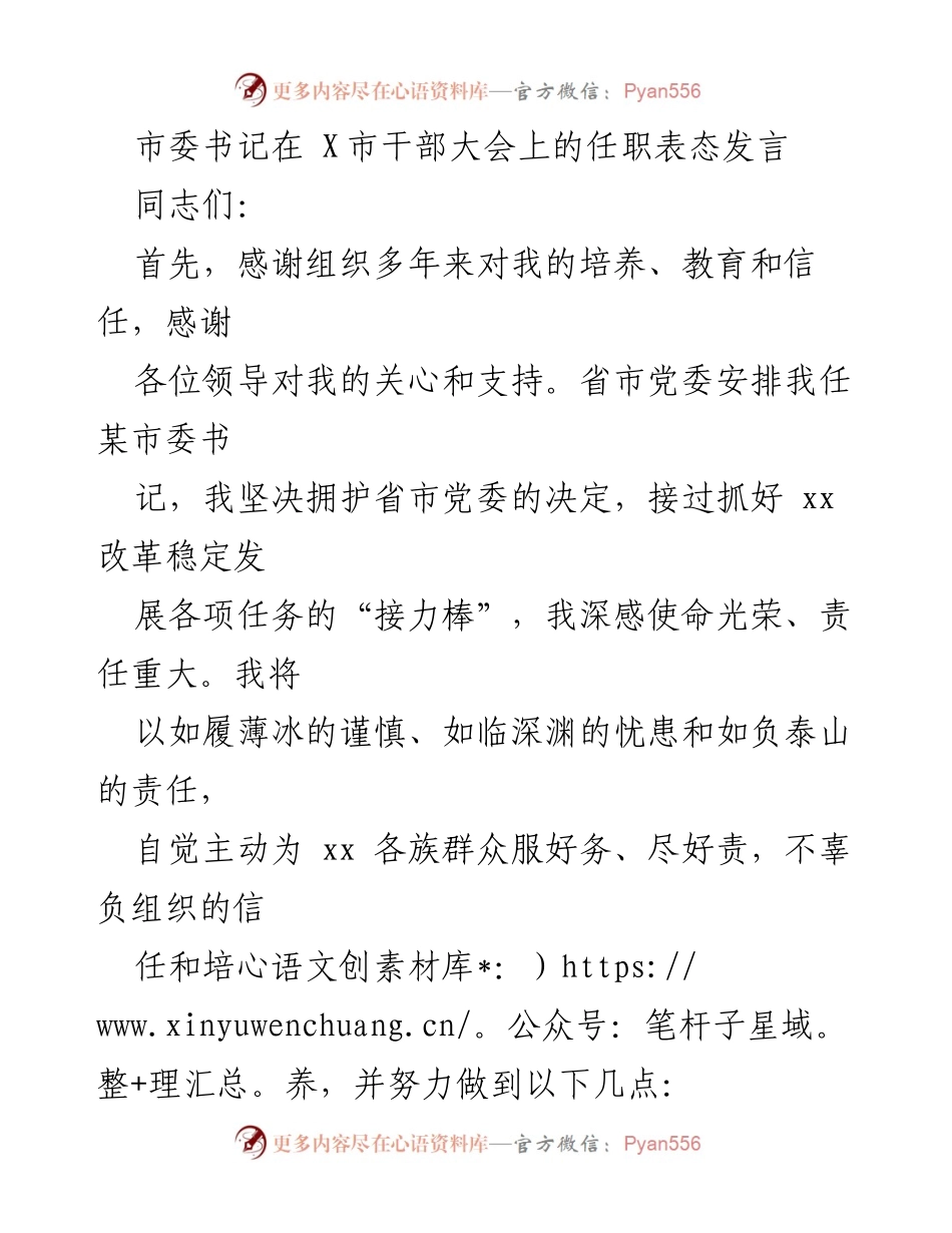 [发言] 干部大会 - 新任市委书记的任职表态与工作承诺.docx_第1页