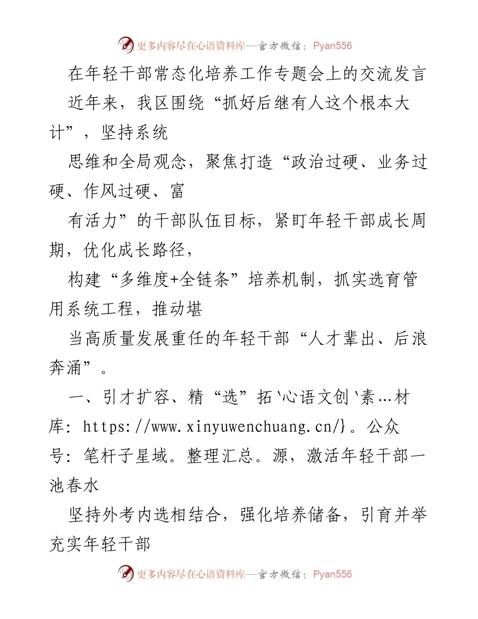 [发言] 年轻干部常态化培养工作专题会 - 加快年轻干部成长，激发队伍活力.docx_第1页