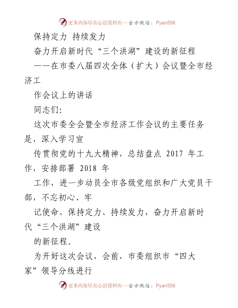 [发言] 市委全会暨经济工作会议 - 奋力开启新时代“三个洪湖”建设的新征程.docx_第1页