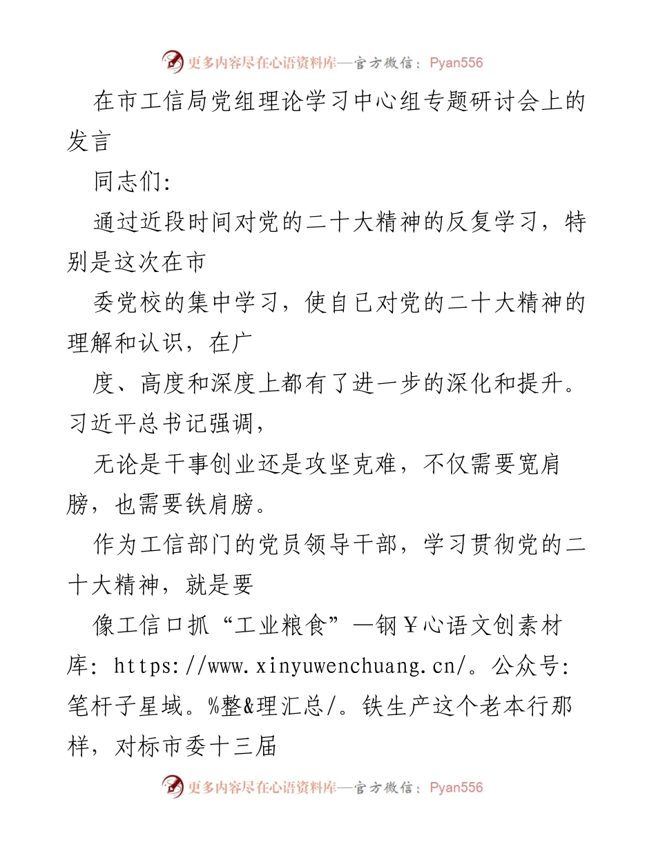 [发言] 市工信局党组理论学习中心组专题研讨会 - 深入学习贯彻党的二十大精神，锻造工信部门的铁肩膀.docx_第1页