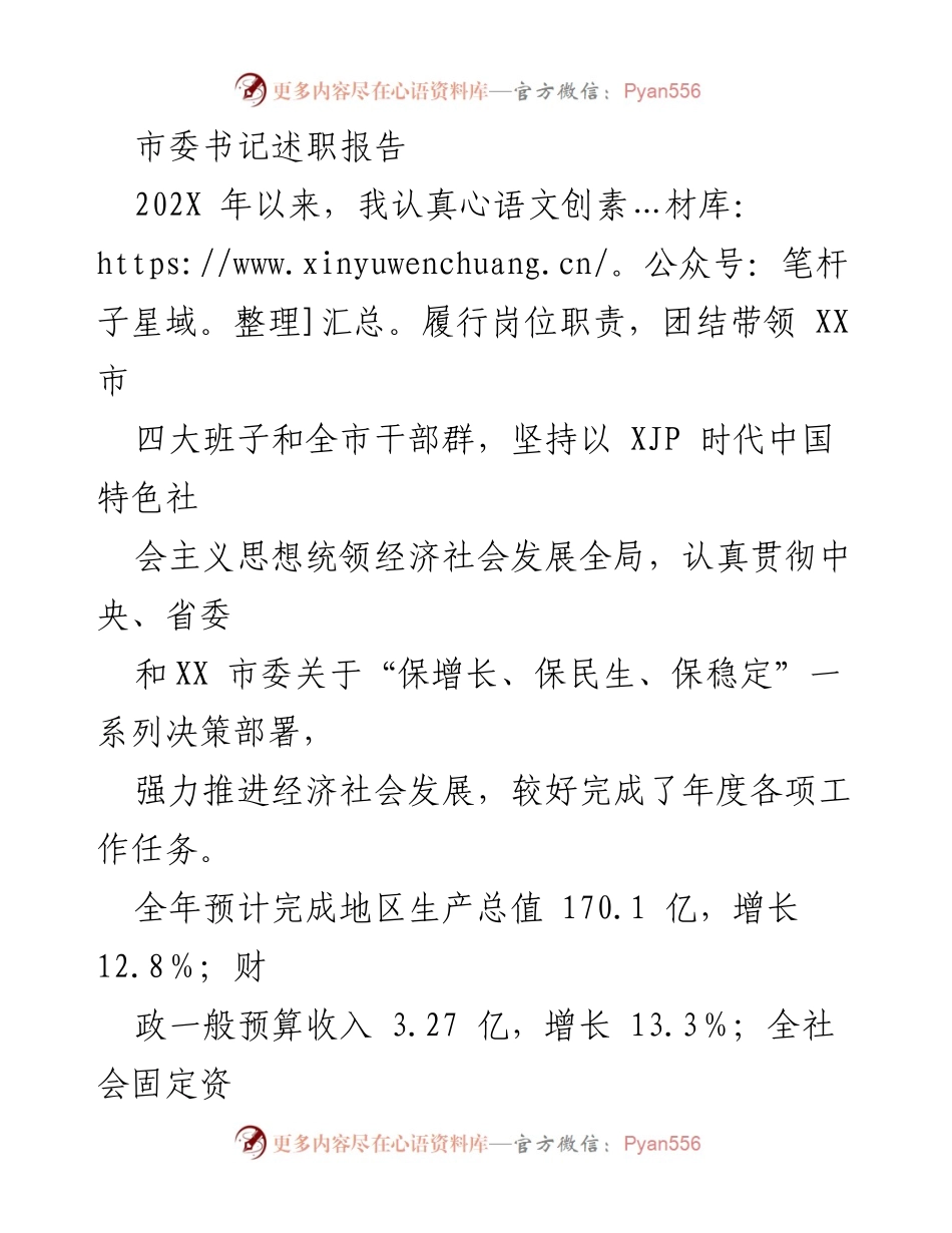 [发言] 市委书记述职 - 202X年度市委书记述职报告：推动经济社会发展与提升执政能力.docx_第1页
