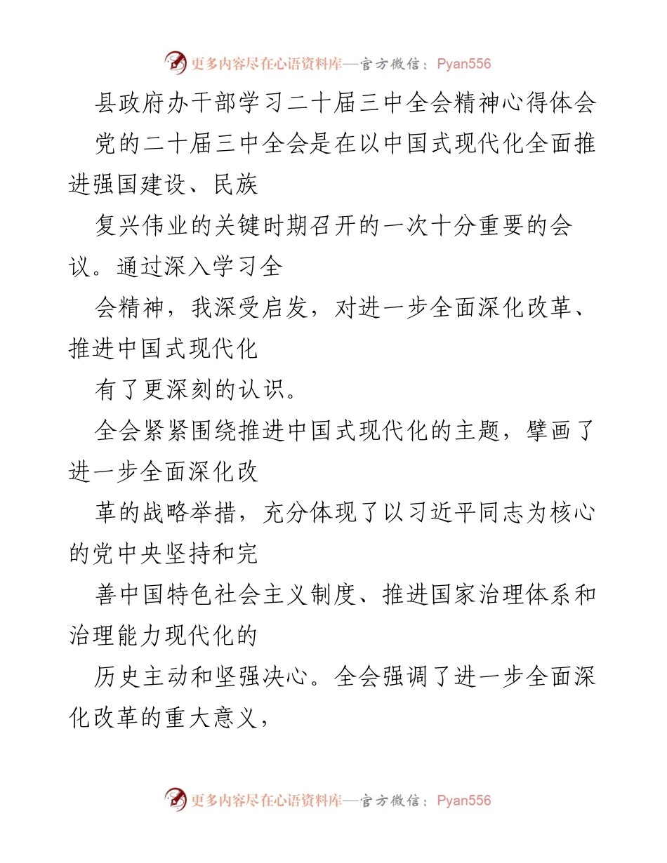[发言] 干部学习会 - 深入学习贯彻二十届三中全会精神的心得体会.docx_第1页