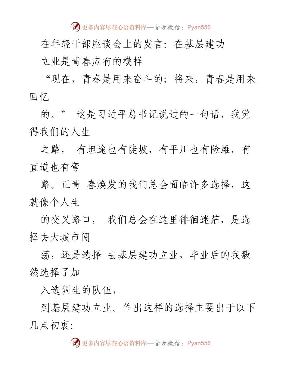 [发言] 年轻干部座谈会 - 基层建功立业，青春的选择与价值.docx_第1页