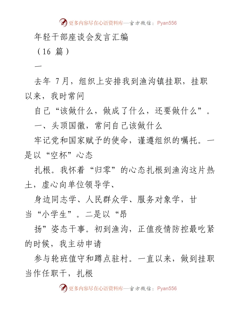 [发言] 年轻干部座谈会 - 扎根基层，服务群众：年轻干部的责任与担当.docx_第1页