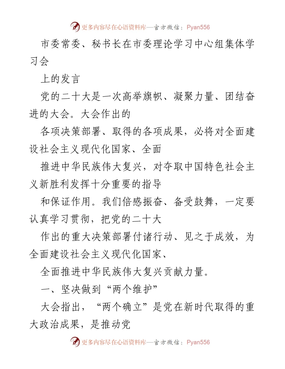 [发言] 市委理论学习中心组集体学习会 - 深入学习贯彻党的二十大精神，推动高质量发展与国家安全.docx_第1页
