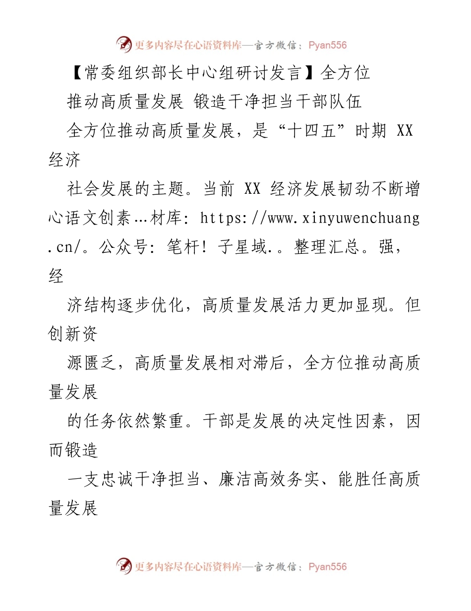 [发言] 常委组织部长中心组研讨 - 全方位推动高质量发展与干部队伍建设_1.docx_第1页