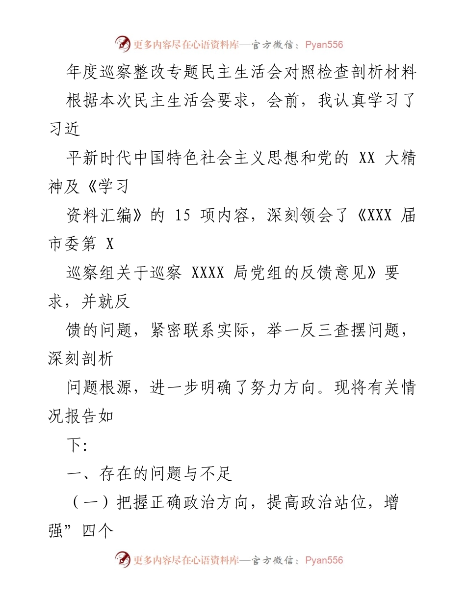 [发言] 年度巡察整改专题民主生活会 - 年度巡察整改与政治监督自查剖析报告.docx_第1页