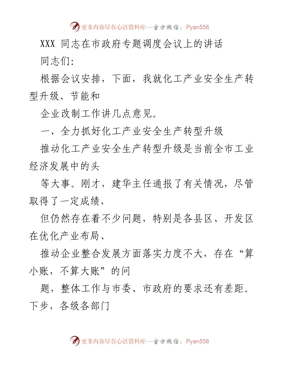 [发言] 市政府专题调度会议 - 加快化工产业安全生产转型升级的实施意见.docx_第1页