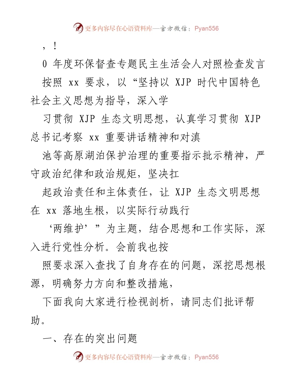 [发言] 年度环保督查专题民主生活会对照检查发言总结.docx_第1页