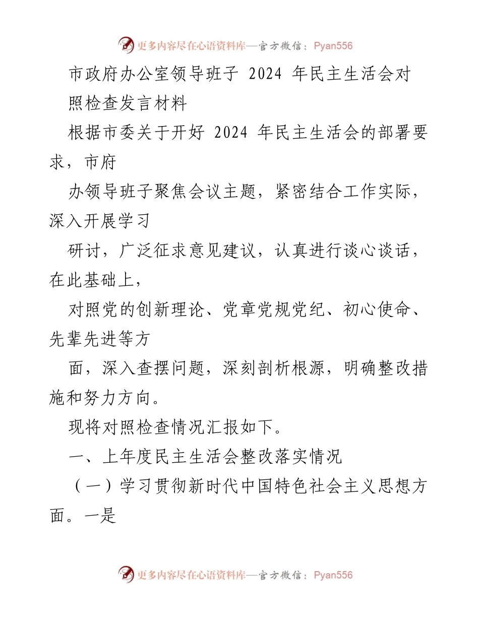 [发言] 市政府办公室  - 2024年民主生活会对照检查发言材料.docx_第1页