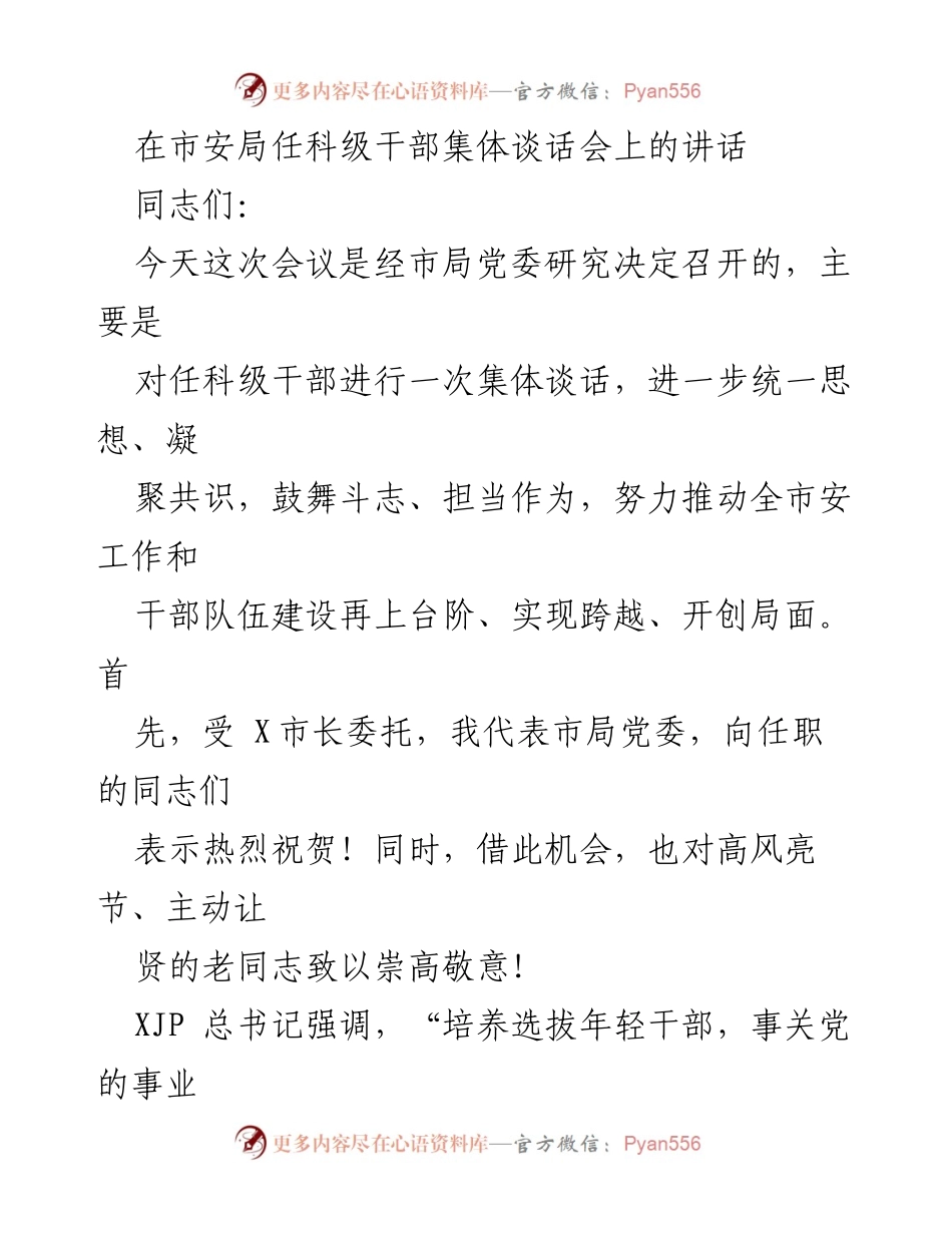 [发言] 市安局任科级干部集体谈话会 - 加强干部队伍建设，推动全市安工作再上台阶.docx_第1页