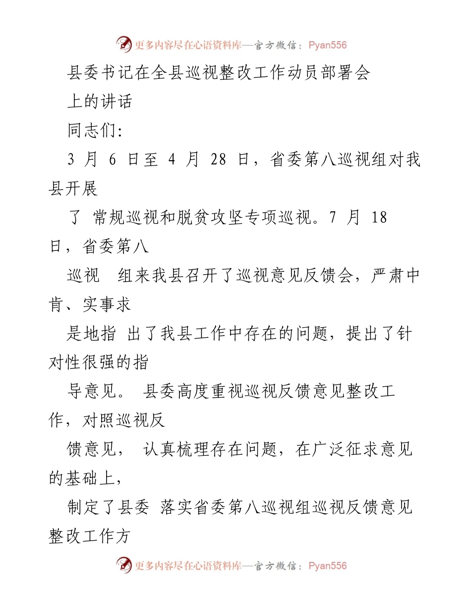 [发言] 巡视整改工作动员部署会 - 强化政治站位，推动巡视整改高效落实.docx_第1页