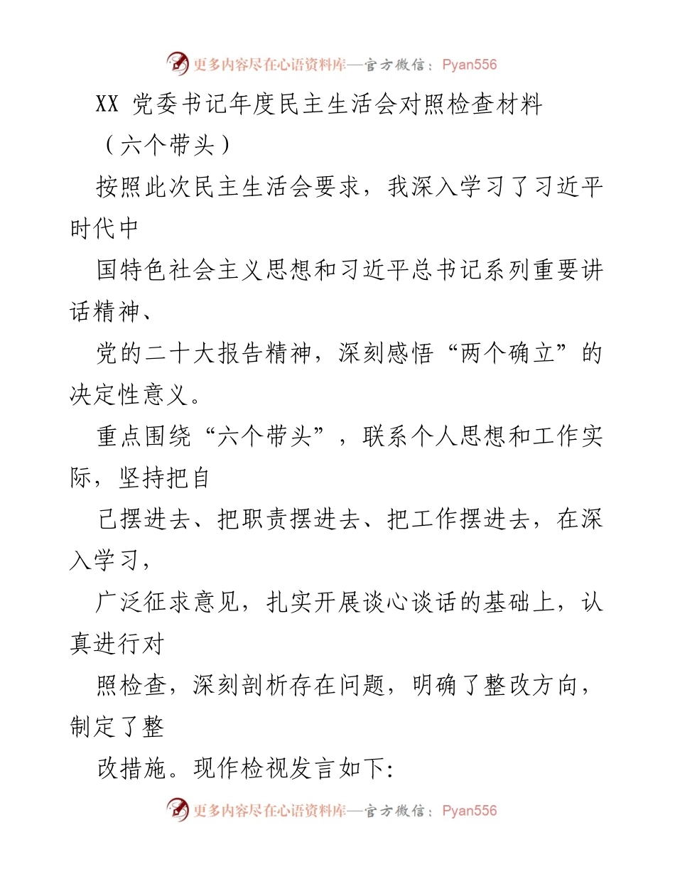 [发言] 年度民主生活会 - XX 党委书记年度民主生活会对照检查发言材料.docx_第1页