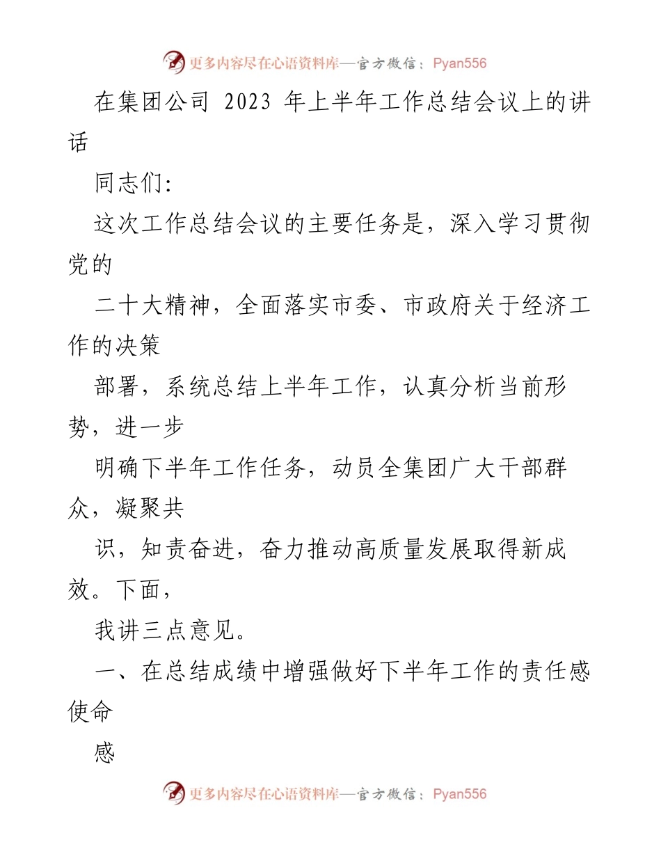 [发言] 工作总结会议 - 2023年上半年集团公司工作总结与下半年发展方向探讨.docx_第1页