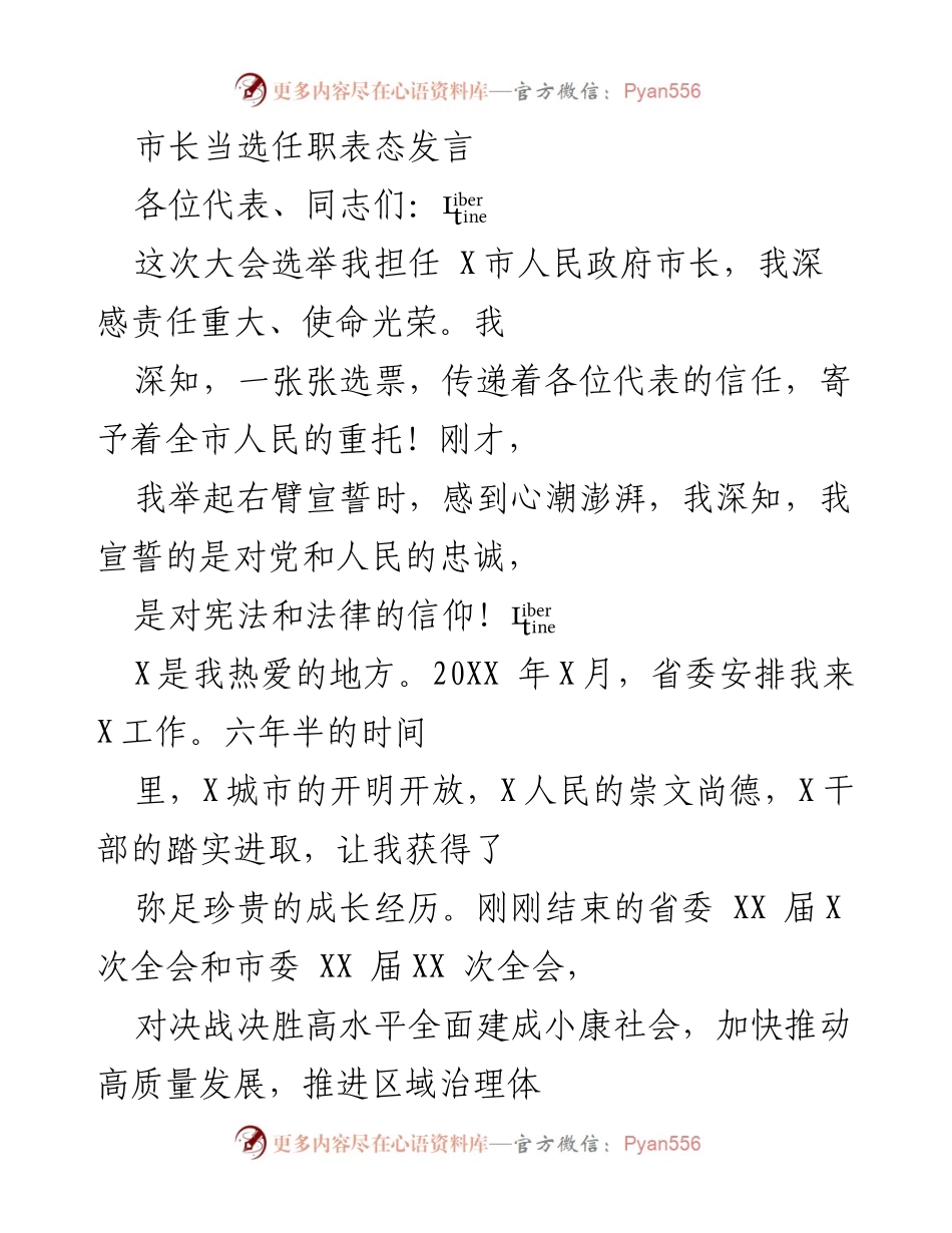 [发言] 市长当选会议 - 市长任职表态发言：坚定信念，服务民生，推动高质量发展.docx_第1页