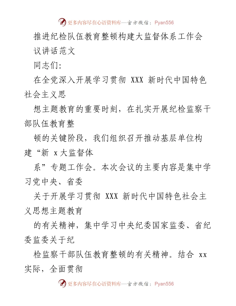 [发言] 工作会议 - 推动纪检队伍教育整顿与新监督体系构建的关键讲话.docx_第1页
