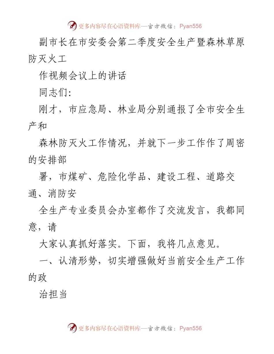 [发言] 市安委会会议 - 副市长在市安委会第二季度安全生产暨森林草原防灭火工作会议上的讲话.docx_第1页