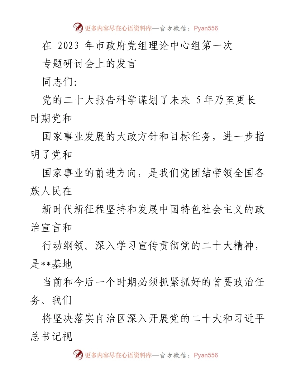 [发言] 市政府党组理论中心组专题研讨会 - 深入学习贯彻党的二十大精神，推动高质量发展新局面.docx_第1页