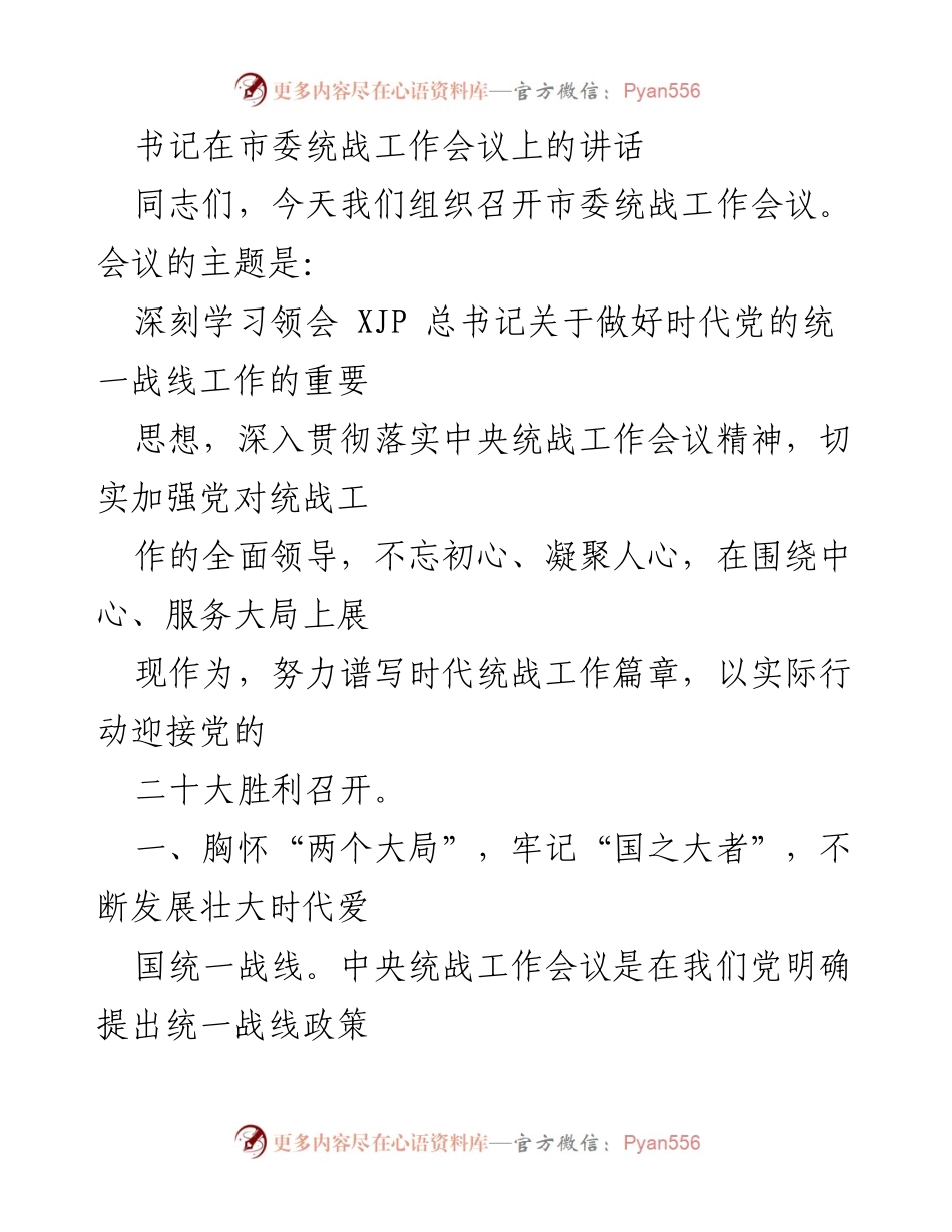 [发言] 市委统战工作会议 - 深入学习贯彻统战工作重要思想，推动时代统一战线发展.docx_第1页