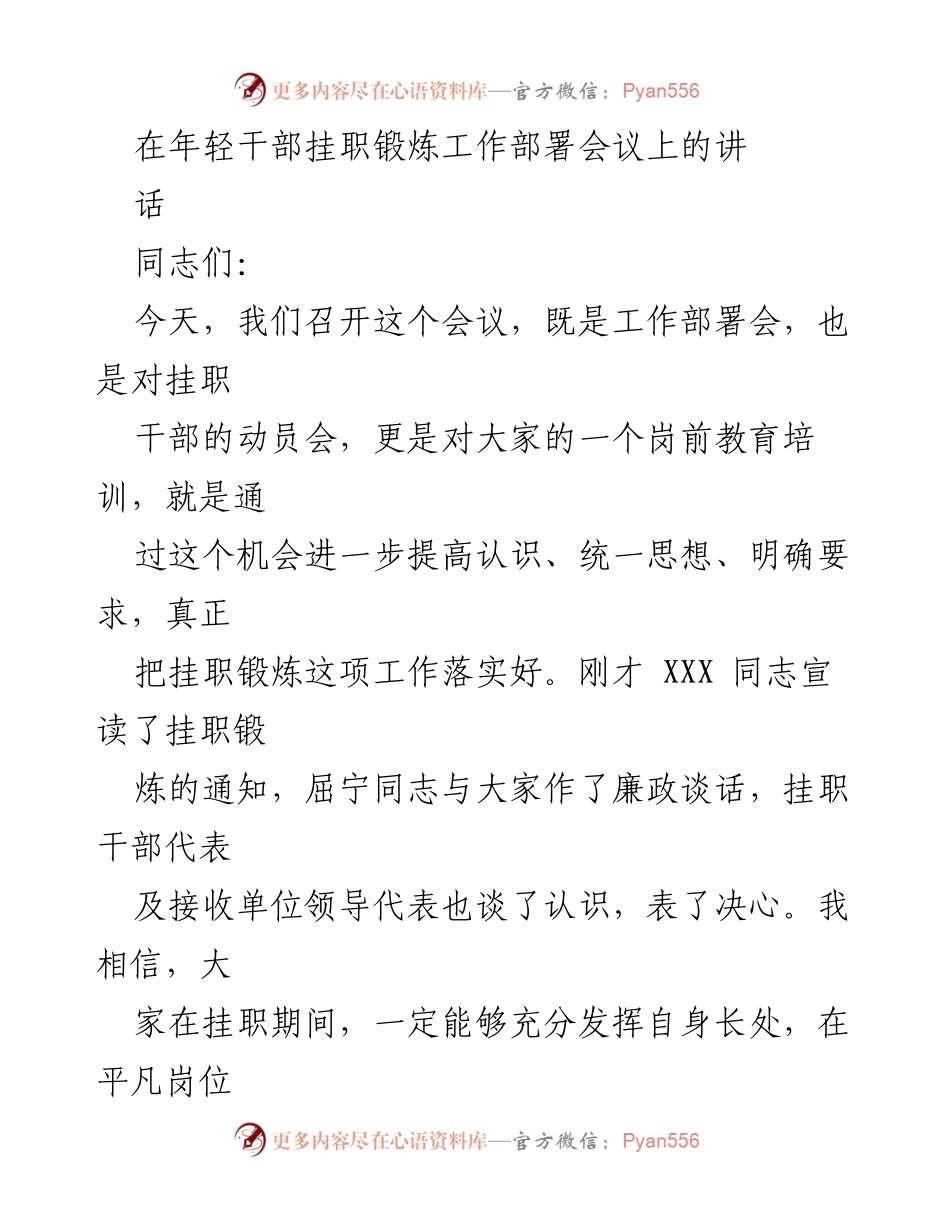[发言] 年轻干部挂职锻炼工作部署会议 - 加强年轻干部培养，推动高质量发展.docx_第1页