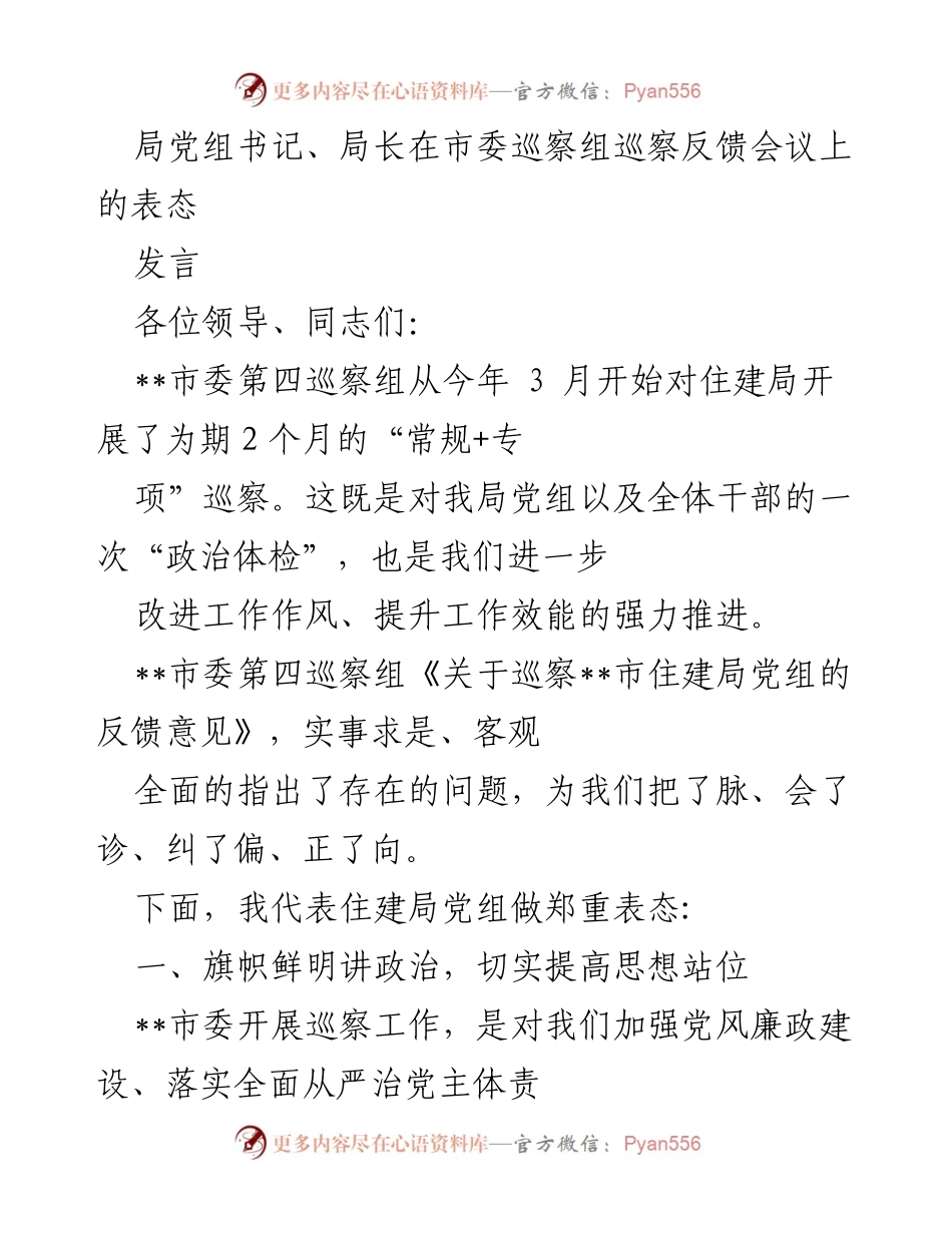 [发言] 市委巡察反馈会议 - 住建局党组书记的郑重表态与整改承诺.docx_第1页